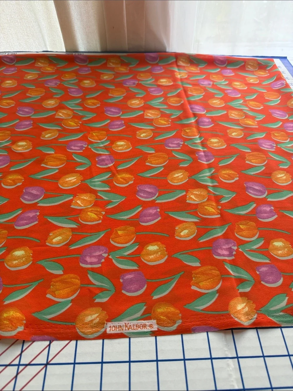 Vintage John Kaldor Fabric 3 Yds Tulip Floral Orange/Red Crepe Semi Sheer 44”